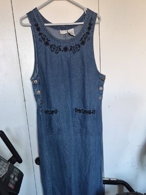 90s Vintage Denim Maxi Dress Jumper Womens Modest Embroidered Overall